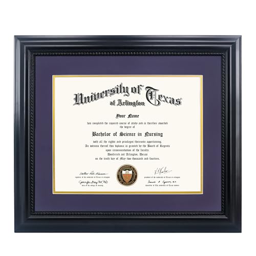 GMFrames 11x14 Diploma Degree Frame with Purple Mat or Display 15x18 Certificates without Mat,Solid Wood,Black Finish with Intricate Black Rope Detail,UV Protection Acrylic
