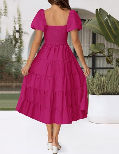 Image of ZESICA Women's 2026 Summer Puff Sleeve Midi Dress 2026 Boho Solid High Waist Flowy Beach Wedding Guest Long Dresses