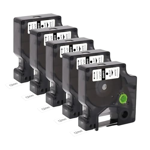 Molabel 5er-Pack kompatible Schriftbänder für Dymo D1 45013 S0720530 (12 mm x 7 m), Schwarz auf Weiß, geeignet für Dymo LabelManager 160, 200, 210D, 280, 360D, 420P, 450D.