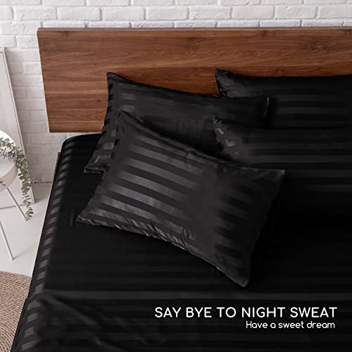 Image of MR&HM Satin Bed Sheets, King Size Sheets Set, 6 Pcs Silky Bedding Set with 15 Inches Deep Pocket for Mattress (King, Black Striped)