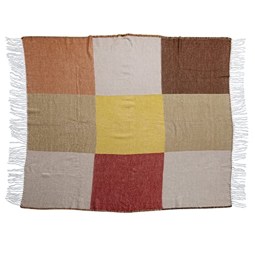 Bloomingville Cotton Blend Throw Blanket With Block Print And Fringe, Multicolor #TOP1