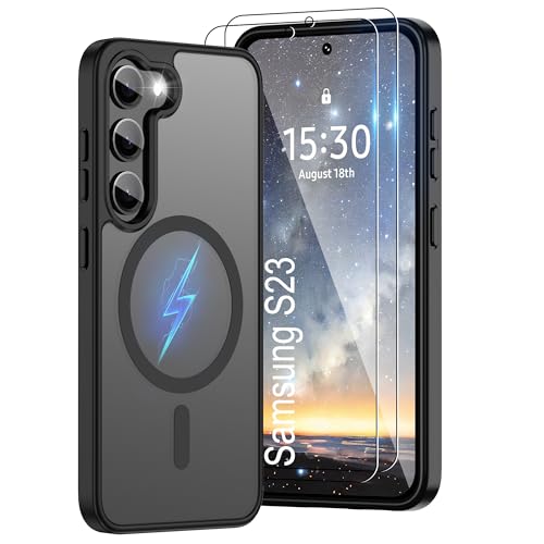 Pilaru Magnetic for Samsung S23 Case [Compatible with MagSafe] | 2X Screen Protector | Anti-Yellowing & Fingerprint Shockproof Skin-friendly Slim Fit Translucent for Galaxy S23 - Matte Black