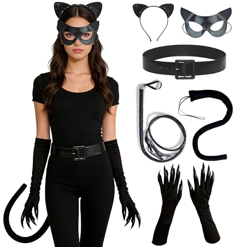 Feliardin Woman Cat Costume Accessories Adult Black Superhero Outfit For Halloween Cosplay 6pcs