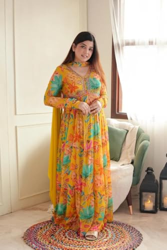 Image of KD Georgette Women's Anarkali Floral Printed Kurta Pant Set with Dupatta Kurta Kurti for Women