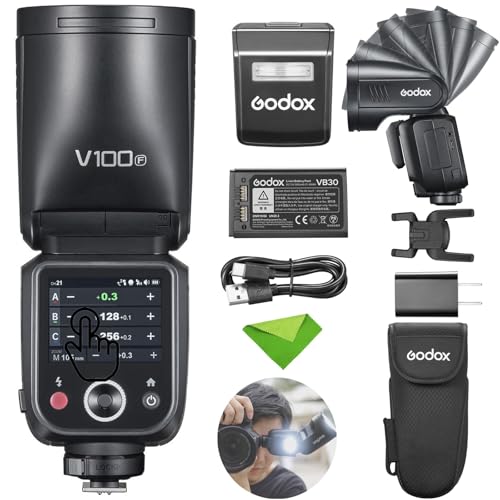 Godox V100 V100-F Flash de 100 W para câmera Fuji TTL Speedlight, 1/8000 HSS, 400 flashes de potência total, tempo de reciclagem de 1,7 s, sem fio 2,4 G com flash externo, flash touchscreen