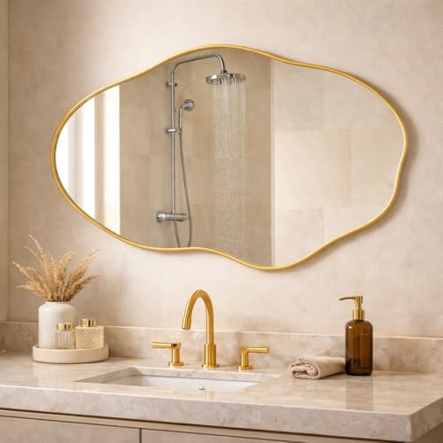 Espelho Orgânico Pedra 80x50cm Design Moderno com Moldura em Couro para Decoração Sofisticada (Dourado)