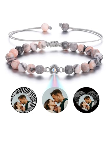 Zysta Proiezione Bracciale Personalizzato Foto e Immagine per Donna Ragazza Bracciale con Foto Proiettata Dentro Memoriale Braccialetto Perline Pietra Regalo Coppia Anniversario (Diaspro Zebra Rosa)