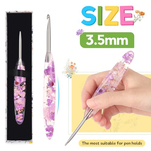 Image of Katech 3.5mm Crochet Hook for Arthritic Hands,Hand-Polished Stainless Steel | Ergonomic Crochet Hooks with Customized Sparkle Dried Floral Grip, Smooth Tapered Hook-Crochet Gift for Beginner & Crocheter