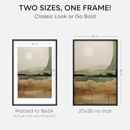 Image of Homeforia 20x30 Black Wood Frame, High End Oak 20x30 Wooden Picture Frames with Mat 16x24 Photo, 20 x 30 Poster Frame Matted to 16 by 24 Print, 30x20 Hanging Frames, Tempered Glass, Wall Kit, Set of 2