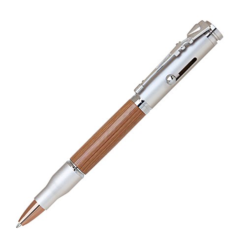 Brass/Bamboo Bullet Shaped Ballpoint Pen with Rifle Design Clip, Satin Chrome