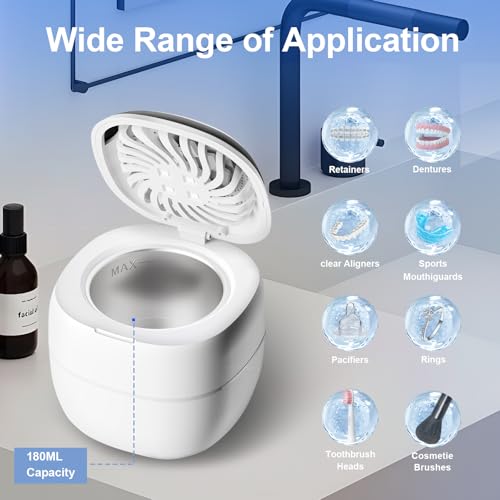 Image of Retainer Cleaner ultrasonic，45kHz 180ml ultrasonic cleaner, cleaning and drying functions with Digital Timer，Retainer Cleaner Machine for Dentures, Mouth Guards, Braces, Jewelry (White)