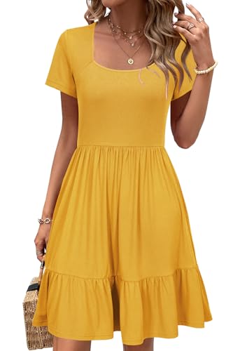 Image of Newshows Women's 2026 Summer Casual Square Neck Ruffle A Line Beach Vacation Sundress Work Business Dress with Pockets