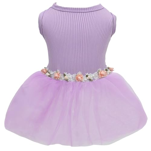 Image of CuteBone Purple Tulle Skirt Dog Wedding Bridesmaid Dress for Puppy with Lace Trim at Waist - Comfortable, Stylish, and Perfect for Special Occasions HBQ02M