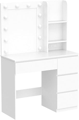 Miniatura 4 de Vabches Tocador de maquillaje con luces, escritorio de tocador de 37 pulgadas con tira de corriente, mesa de maquillaje de 4 cajones con espejo