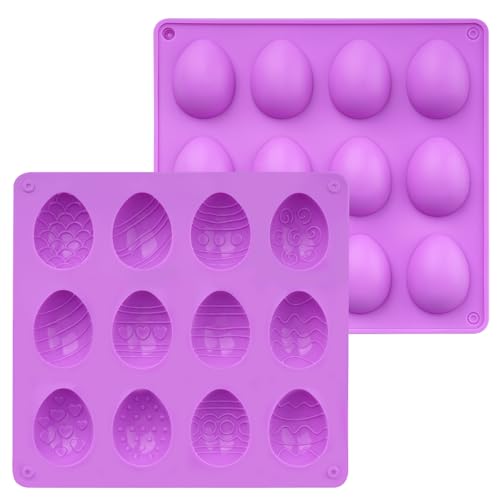 2Pcs 12-Cavities Easter Egg Shaped Silicone Molds for Baking Silicone Egg Chocolate Molds Baking Supplies for Making Chocolate Jello Candy Dessert Muffin Mousse Pastry (Purple)