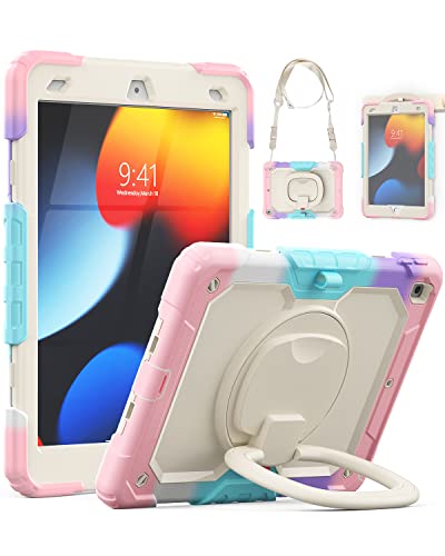 Seymac Kids Case For Ipad 9Th/ 8Th/ 7Th Generation With Screen Protector, Sturdy Full-Body Shockproof Protective Case With Rotating Stand/Handle Grip, Shoulder Strap For Ipad 10.2 Case, Colorful/Pink #TOP22