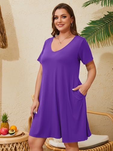 Image of ZENNILO Women's Plus Size Swing Dress with Pockets Casual Summer Dresses V Neck Short Sleeve T Shirt Dress for Women