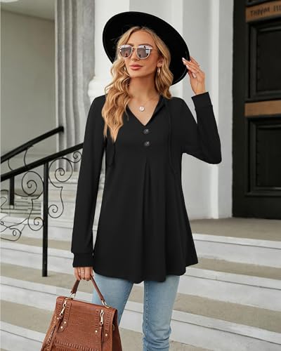 Image of Lotusmile Women's Long Sleeve Hooded Tunic Tops Button Swing Pullover Hoodie Sweatshirts