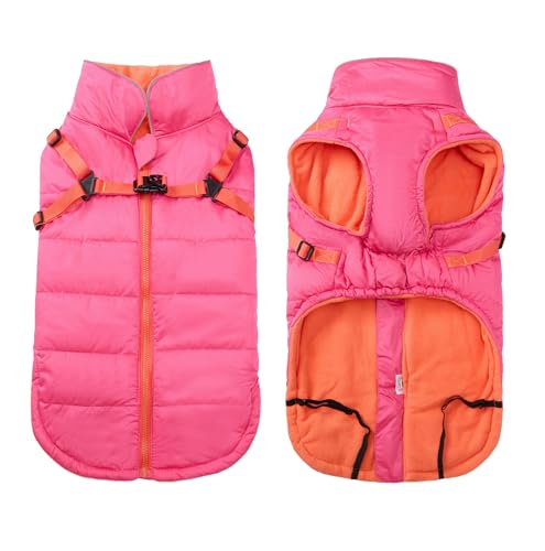 babepet Waterproof Dog Coat,Dog Coat with Harness,Small Dog Coat Jacket,Reflective Dog Clothes with Adjustable Chest Strap,Dog Fleece Lined Jumper for Pet Outdoor-Pink-XL