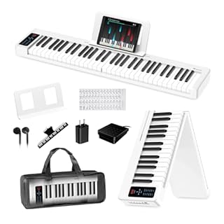 Rhymo Folding Piano Keyboard, 61 Keys Sensitive Electric Piano, Semi-Weighted Portable Electric Keyboard with Bluetooth MIDI, Digital Foldable Keyboard for Beginners(White)