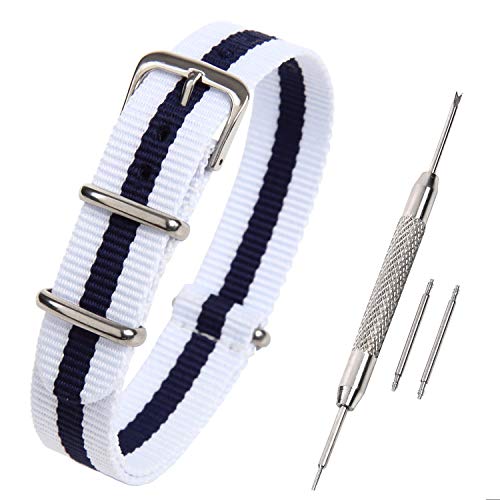 Airself NATOタイプ 時計ベルト 時計バンド ナイロン 替えバンド 替えベルト (交換説明書 交換工具 バネ棒付) (16mm, ホワイト×ネイビー×ホワイト)