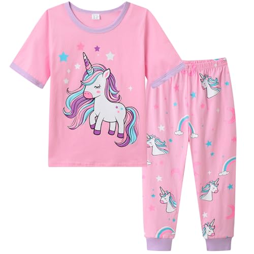 Dinopjs Mädchen Schlafanzug Kurzarm Oberteile & Lange Hose Pyjama Set Casual Einhorn Muster Sterne Mädche Cartoon Baumwolle Schlafkleidung...