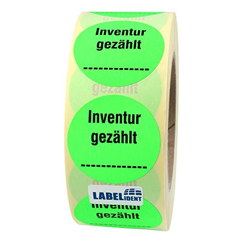 Labelident Inventuretiketten auf Rolle Ø 50 mm rund - Inventur gezählt - 1000 Inventuraufkleber leuchtgrün, Papier selbstklebend Cover