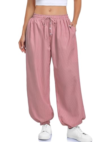 TITOMD Womens Baggy Balloon Barrel Striped Wide Leg Harem Pants Summer Drawstring Trousers with Pockets Beach Vacation Red L