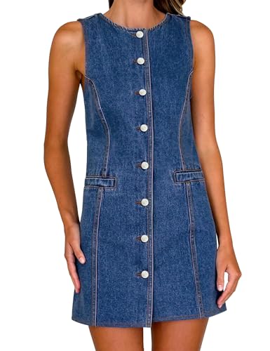 Women's Denim Dress Jean Sleeveless Button Down Shirt Mini Tank Casual Summer Dresses with Pocket 2025 Trendy Outfits