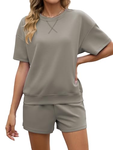 Famulily Co ord Sets for Women Summer Tracksuit Full Set Short Sleeve Pullover Tops and Split Hem Shorts with Drawstring Coffee XL