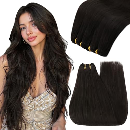 Image of YoungSee Human Hair Sew in Extensions Darkest Brown Hand Tied Weft Hair Extensions Human Hair Dark Brown Sew in Hair Extensions Short Straight Hair 14Inch 70G