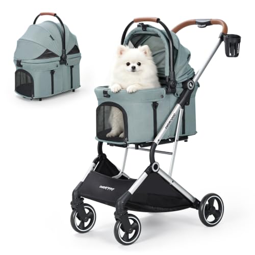 Image of T3 Pro Small Dog Stroller (Green) | Detachable Carrier, 3-in-1 Stroller, Lightweight, Breathable Mesh Fabric, One-Button Braking, Easy to fold, Adjustment Canopy