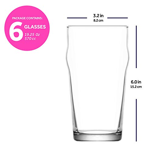 LAV Pint Glasses 6-Piece, 19 Oz Beer Glass Set with Traditional British Pub Design, Durable Craft Beer Ale Drinking Glasses Set of 6, Lead-Free & Easy Stacking
