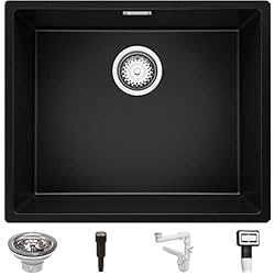 Fregadero Marca Blanco Bajo Encimera Fregadero bajo Encimera 56 x 47 cm, Fregadero Granito Un Seno + Sifón Pop-Up, Fregadero Cocina London 60 de Primagran, Negro