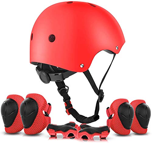 KAMSANG Protective Gear Set with Knee Elbow Pads and Wrist Guards for Bike Skateboarding Roller Blading Scooter Riding Bicycling Roller Skating and More (Red, Small)