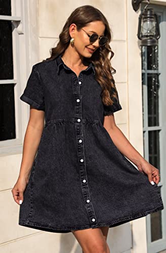 KDF Denim Dress for Women with Pockets Short Sleeve Babydoll Denim Shirt Dresses for Women 20252