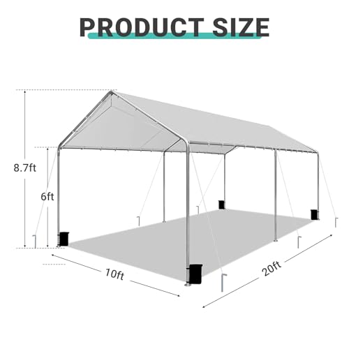 Image of Heavy Duty 10 X 20 Ft Easy to Assemble Metal Car Canopy Shelter with Reinforced Steel Cables, Outdoor Portable Garage for Car, Boat Tent, Light Grey