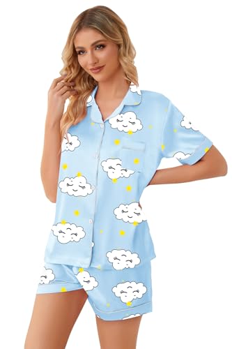Image of Schbbbta Girls Womens Pajamas, Satin Silky Pjs Set Kids 2Pcs Button-Down Nightwear Sleepwear Gift for Mommy and me