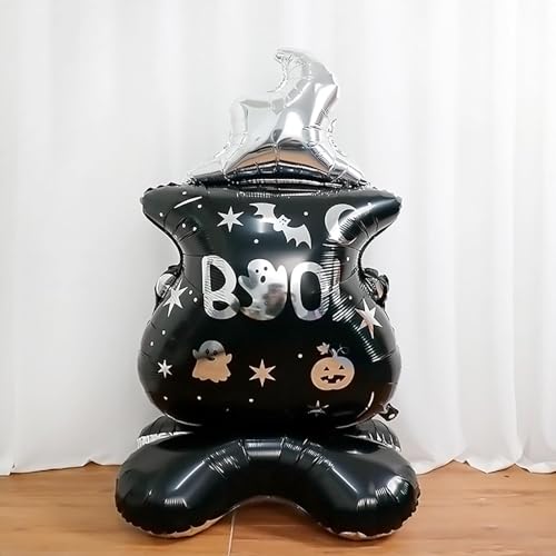 Image of AMFIN (Pack of 1) 44 Inch Halloween Boo! Balloon Giant Self-Standing Foil Cauldron Balloon with Ghost & Pumpkin Design - Inflatable Party Decoration for Haunted House, Yard & Photo Booth - Black