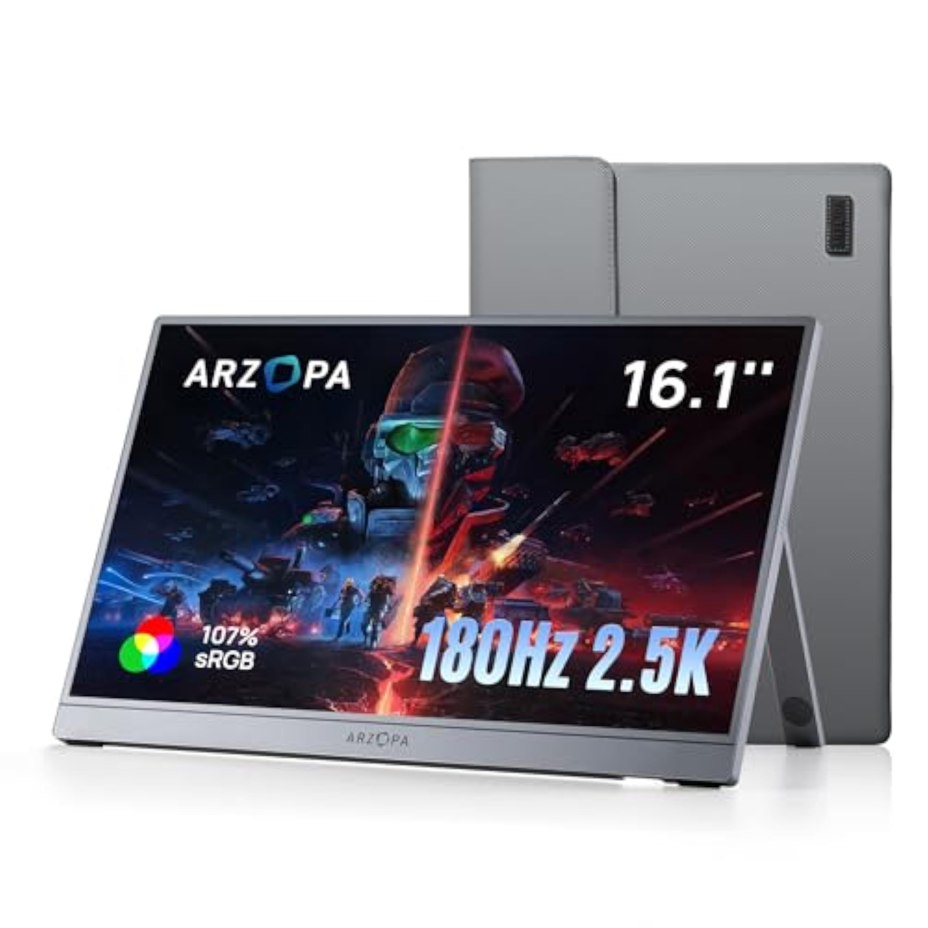 ARZOPA Moniteur Portable 16,1" 2,5K 180 Hz Écran Portable Gaming QHD 2560×1440 107% sRGB HDR10 Design Avec Support Intégré et Housse Protectrice Compatible Avec PS5, Xbox, Switch, PC, Mac-Z3FC Gris