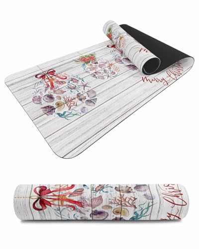 Debedcor Heat Proof Table Pads Waterproof Decorative, Merry Christmas Coastal Non-Slip Table Countertop Protector, Xmas Ocean Shell Wooden Insulation Mat for Dining Room, 48 x 12 Inches