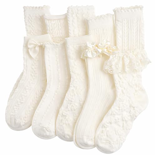 Image of Shyyween 10 Pairs Cute Socks Women's Lace Ruffles Ankle Casual Flower Frilly Fancy Cotton Cottagecore Floral Mid Tube Socks