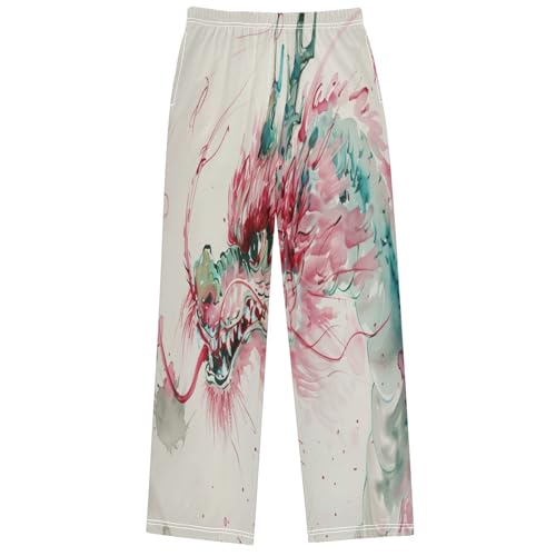 Boy's Pants Pink Green Cute Dragon Jogger Pants Elastic Waist Long Bottoms Trousers with Pockets 6-14 Years