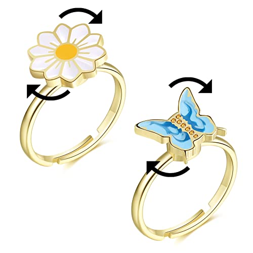 2pcs anneaux d'anxiété marguerite pour femmes hommes papillon anxiété fidget anneau ensemble rétro réglable anneaux de pouce pour le soulagement de l'anxiété méditation antistress anneaux Cover