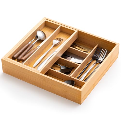 Fiwochic Double Bamboo Kitchen Drawer Organizer, 2-tier Utensil Deep Drawer Organizer, Removable Utensil Holder and Cutlery Tray Storage for Chopsticks, Spoons, Forks, Various Tableware and Cookware