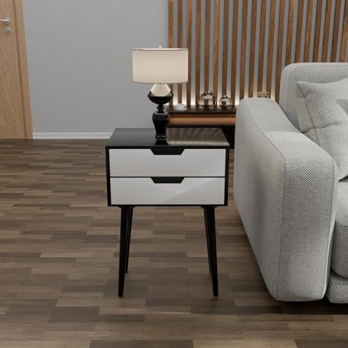 Image of Night Stand,End Table for Bed Nightstand with Drawers, Side Table with Storage, Solid Wood Table Legs,A Shaped Suitable for Small Spaces, Living Room, Bedroom, White (Black White)