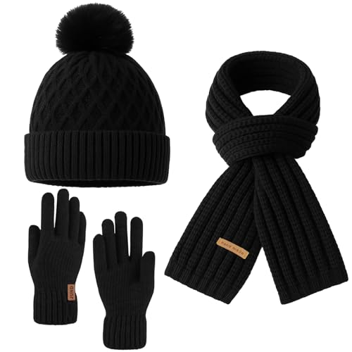 SSKHE Hat Scarf and Gloves Set for Women Men Black Beanie Hats with Pom Pom Warm Thermal Fleece Lined Long Scarf Touch Screen Gloves 3PCS Winter Set Warm Gift for Christmas Snow Day