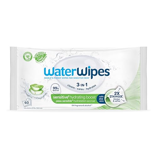 Image of WaterWipes Sensitive+ Hydrating Boost Wipes, 3-In-1 Cleans, Cares, Hydrates, 99% Water with Aloe Vera, Unscented & Hypoallergenic Baby Wipes, 60 Count (1 Pack)