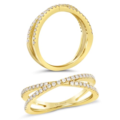 LeVian 1/4 Carat Diamond Criss Cross Ring for Women - 14k Yellow Gold Band for Her - 0.25 cttw Round Vanilla Diamond - Anniversary Wedding Band Ring Size 6 to 8
