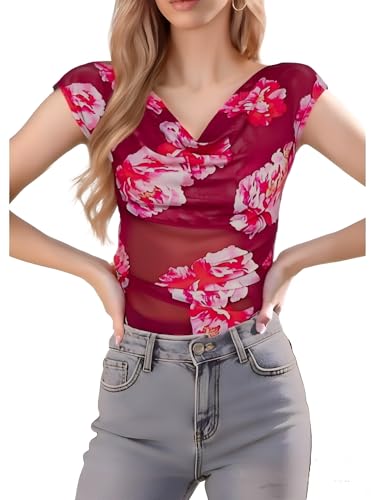 GERT COREL Women's Cowl Neck Sleeveless Top 2026 Sleeveless Ruched Floral Printed Shirts Summer Tank Tops Burgundy - image 5